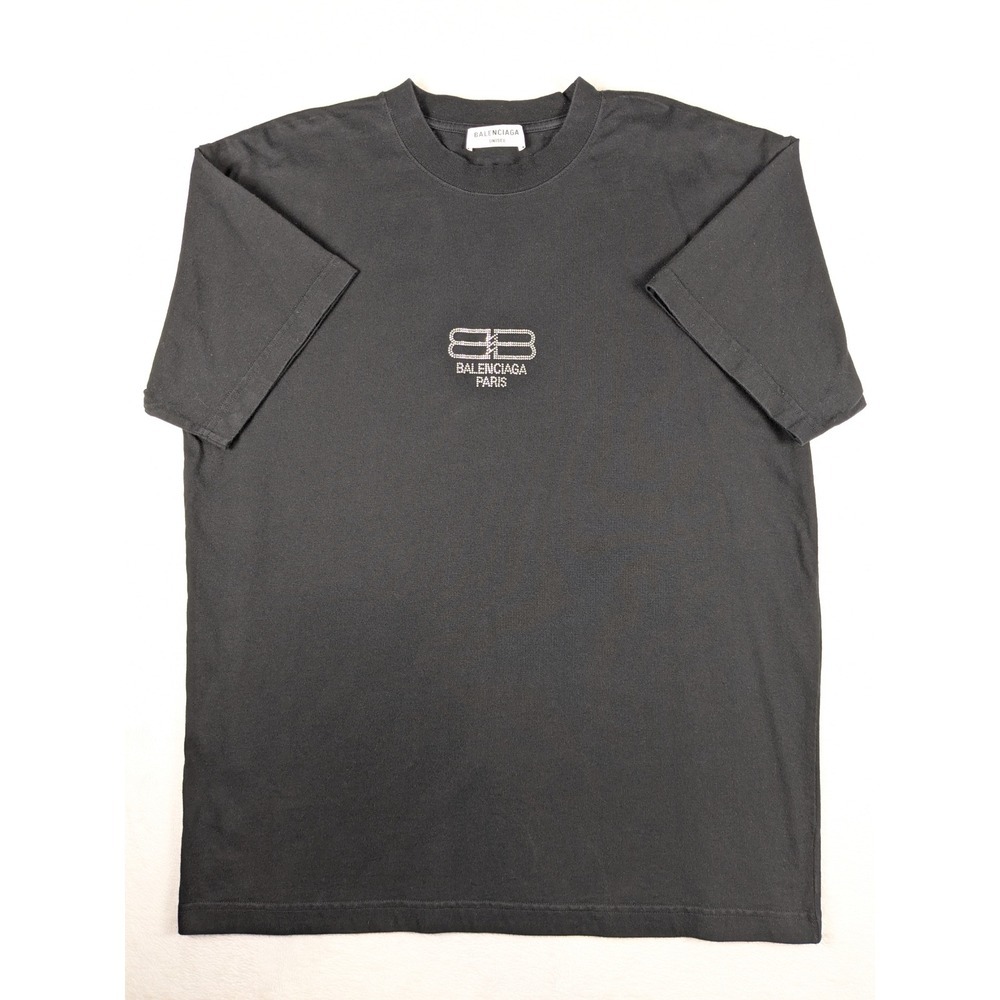 NWOT Balenciaga Paris BB Crystals Studded Logo Black Cotton Unisex T Shirt Large - Picture 2 of 11